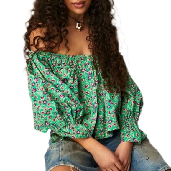 Free People Tops - Free People James Smock Top Blouse in Floral Green Size XS